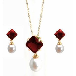 Silver 925 Pearl Drop Diamond Red CZ Dangling Stud Earring and Necklace Set